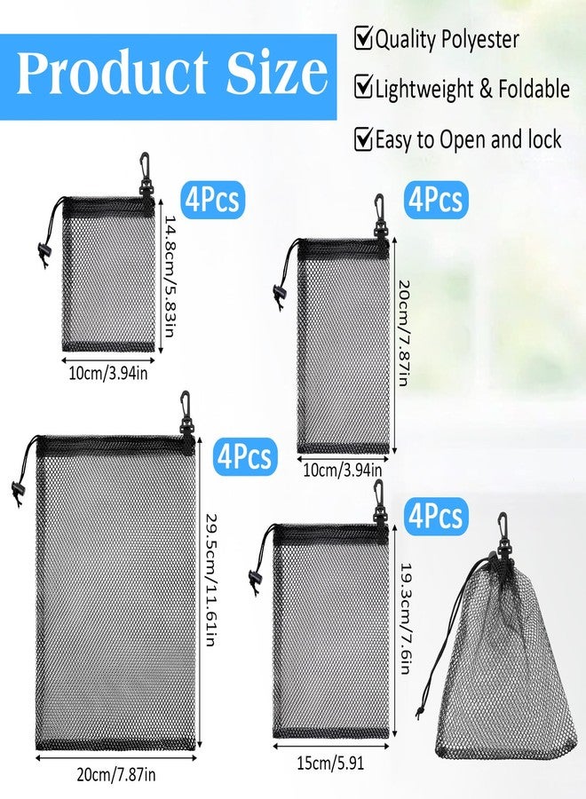 Worldity 16 Pcs 4 Sizes Mesh Drawstring Bags with Clip, Mesh Foraging Bags with Clip, Breathable Black Small Organza Bags Drawstring, Foraging Pouch for Rock Collecting, Mushroom Hunting, Beachcombing - Image 2